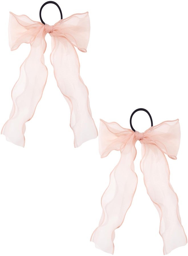 STSTR 2Pcs Large Bow Hair Ties, Pink Organza Ribbon Bow Hair Scrunchies for Women, Elegant Long Tail Bowknot Ponytail Holder French Hair Accessories for Wedding, Parties, Festivals - Image 1